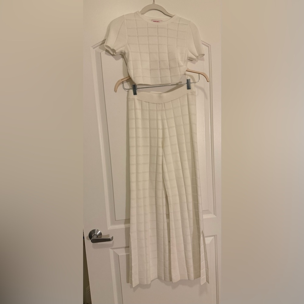 SOLID & STRIPED White Textured knit set (cropped top & wide-legged pants)